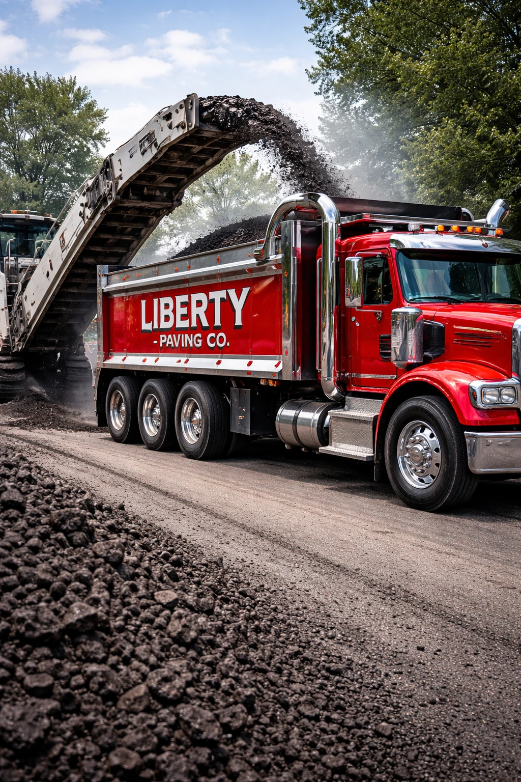 Asphalt milling machine loading millings into a Liberty Paving truck in Pennsylvania