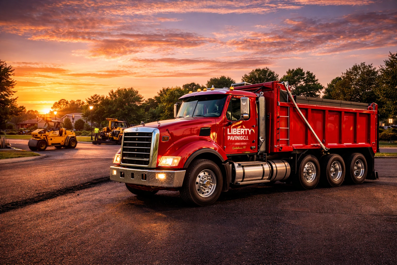 Liberty Paving asphalt contractor in Quakertown Pennsylvania with red dump truck and paving equipment at sunset